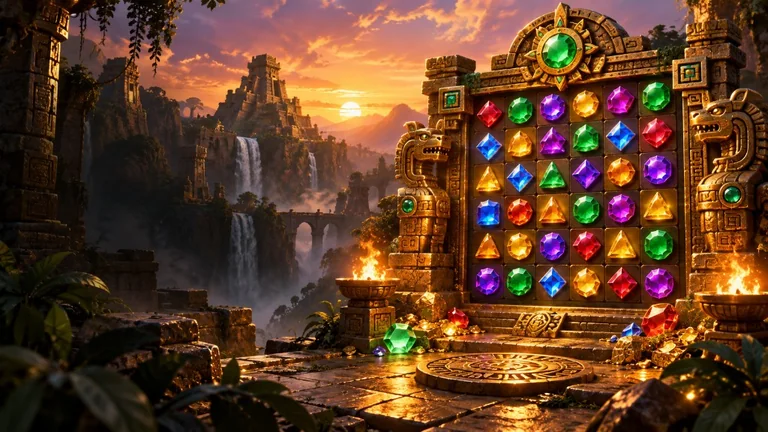 Templo antigo com gemas e grade 8×8 no guia RTP de Gems Bonanza